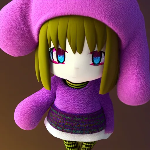 Image similar to cute fumo plush of a girl in a purple and green checkerboard woolen sweater, anime girl, vray