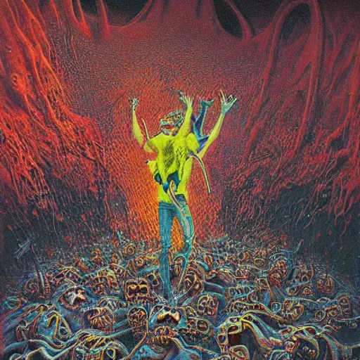 Prompt: guy fieri wearing a neon colored mesh crop top and pit vipers, insane clown posse mosh pit, art by beksinski