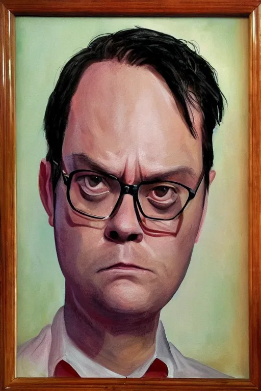 Prompt: portrait painting of dwight schrute from the office and joe lo truglio from brooklyn nine - nine, in the style of felice casorati