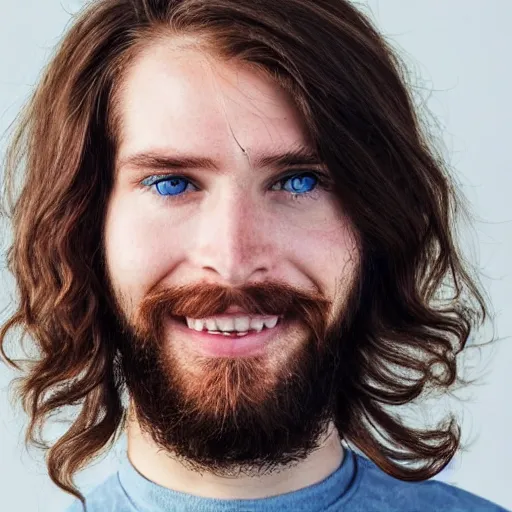 Image similar to caucasian face, long brown hair, bad skin, beard, skinny, blue eyes, smiling, ultrarealistic