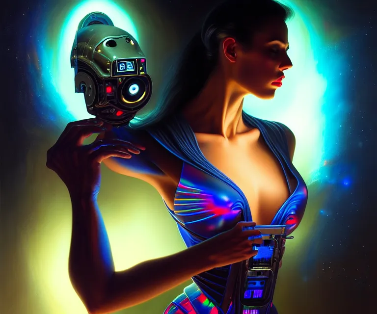 Prompt: beautiful dj with detailed face, in holograms of alien artifacts, electrical case display, total recall tech, dramatic lighting, electrical details, high details, 4 k, 8 k, best, accurate, trending on artstation, artstation, photorealism, ultrarealistic, digital painting, style of peter mohrbacher, caravaggio, boris vallejo