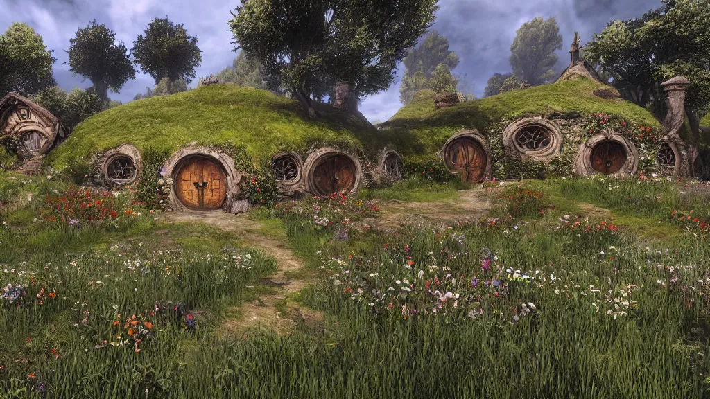 Image similar to wide shot of hobbiton in the style of dark souls, fromsoftware, elden ring, bloodborne