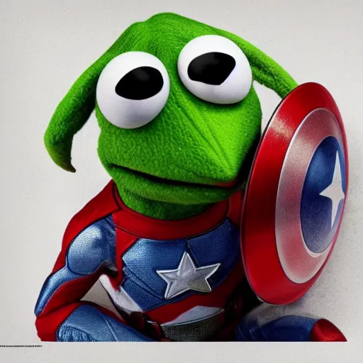 Image similar to Kermit the Frog is Captain America hyperdetailed, artstation, cgsociety, 8k