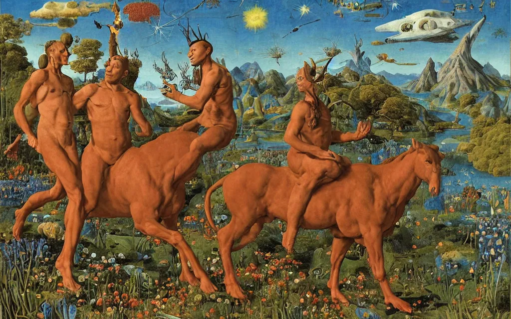 Image similar to a portrait photograph of a meditating satyr and a centaur monk riding a rocket machine and hunting at a river delta. surrounded by bulbous flowers and trees. mountain range under a blue sky of fiery stars. by jan van eyck, max ernst, ernst haeckel, ernst fuchs and artgerm, cgsociety, fashion editorial, 8 k