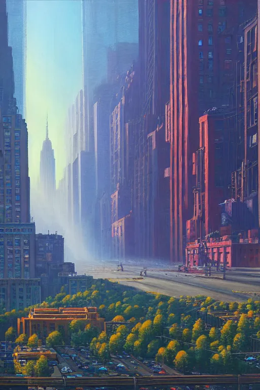 Prompt: downtown new york city in a redwood solar punk vision, oil on canvas by klaus burgle, simon stalenhag, ultra - realistic 3 d depth shading