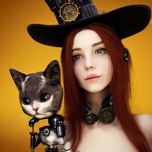 Prompt: a portrait beautiful steampunk woman and her cute robot cat, long hair, aged 2 5, slovenian, wearing a travel hat, photo realistic, real life, octane render, trending on artstation