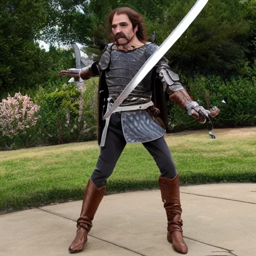 Image similar to inigo montoya swinging his sword photo realistic 4 k, extremely high quality