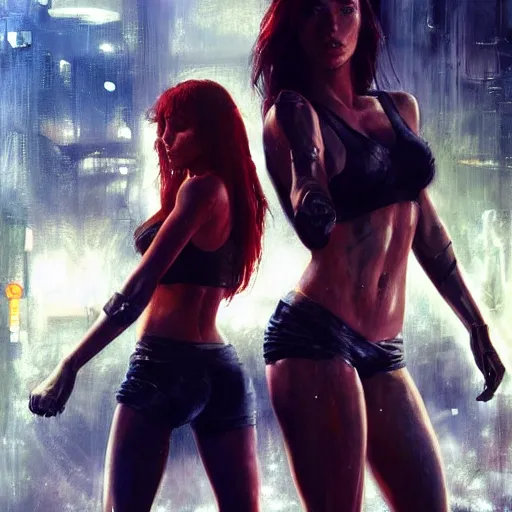 Image similar to bella thorne and megan fox, hyperrealistic full figure, bladerunner street, art of elysium by jeremy mann and frank frazetta, fantasy art, photo realistic, dynamic lighting, artstation, full figure poster, volumetric lighting, very detailed face, 4 k, award winning