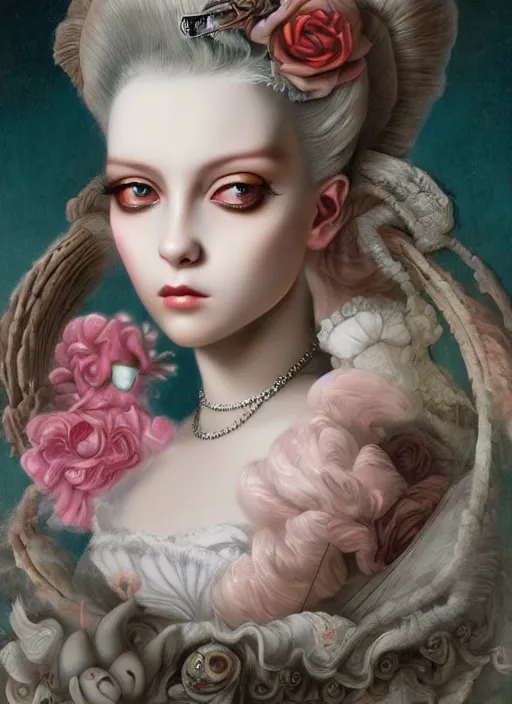 Image similar to pop surrealism, lowbrow art, realistic marie antoinette painting, japanese street fashion, hyper realism, muted colours, rococo, natalie shau, loreta lux, tom bagshaw, mark ryden, trevor brown style,