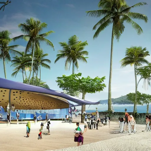 Image similar to architectural renderings, a seaside visitor center consisting of three mushroom - shaped buildings on the blue sea with tall coconut trees ， detailed