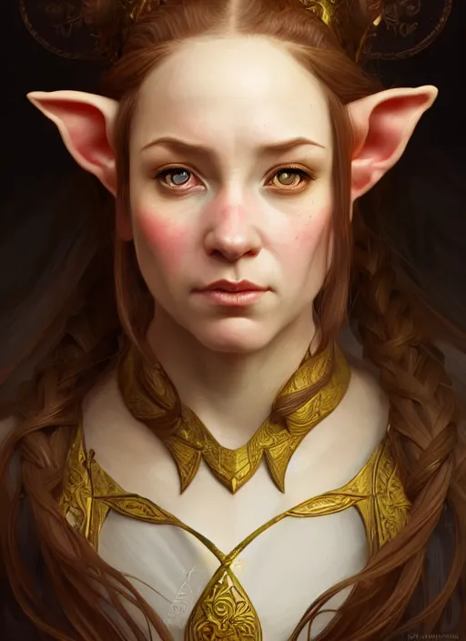 Image similar to portrait of a female dwarf - elf using the golden ratio, highly detailed, digital painting, artstation, sharp focus, illustration, art by tan zi and ayanamikodon and alphonse mucha and wlop