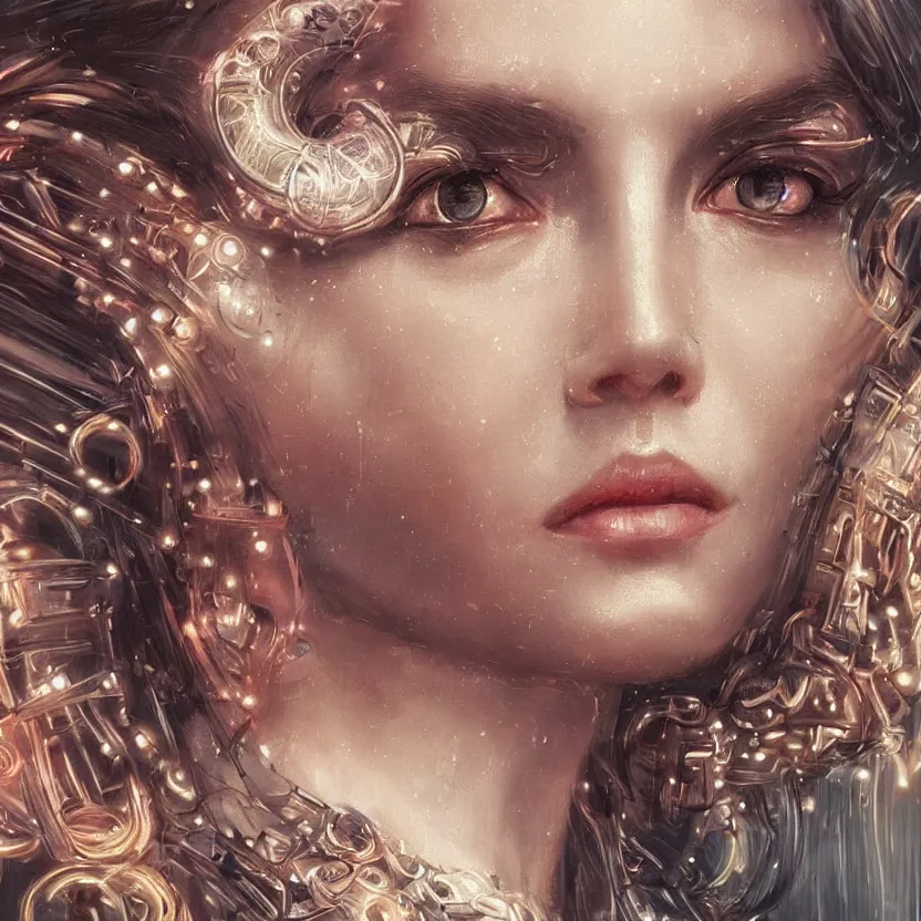 Image similar to a highly detailed photo of very intricate female face portrait, futurism, rococo cyber neon lighting, detailed futuristic fibonacci jewelry, profile posing, hyper photorealistic, crispy quality, digital photography, trending in pinterest, cinematic, 4 k ultra hd, art by pascal blanche, art by greg rutkowski, art by artgerm,