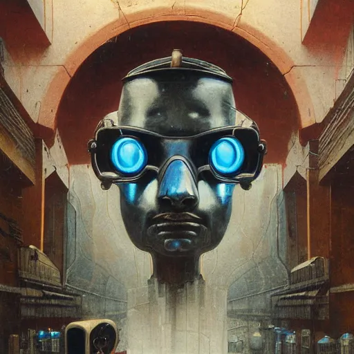 Image similar to portrait of masked cyberpunk scientist on the art deco streets of the Empire city, award-winning realistic sci-fi concept art by Beksinski, Bruegel, Greg Rutkowski, Alphonse Mucha, and Yoshitaka Amano