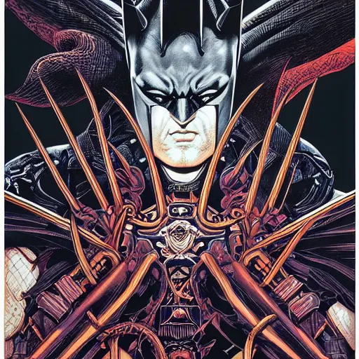 Image similar to portrait of dark batman, symmetrical, by yoichi hatakenaka, masamune shirow, josan gonzales and dan mumford, ayami kojima, takato yamamoto, barclay shaw, karol bak