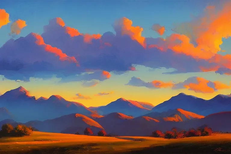 Image similar to a beautiful colorful nature landscape with clouds, mountains, in background, sunset, by rhads