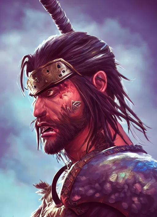 Image similar to A fantasy comic book style portrait painting of a grim barbarian warrior, unreal 5, DAZ, hyperrealistic, octane render, cosplay, RPG portrait, dynamic lighting