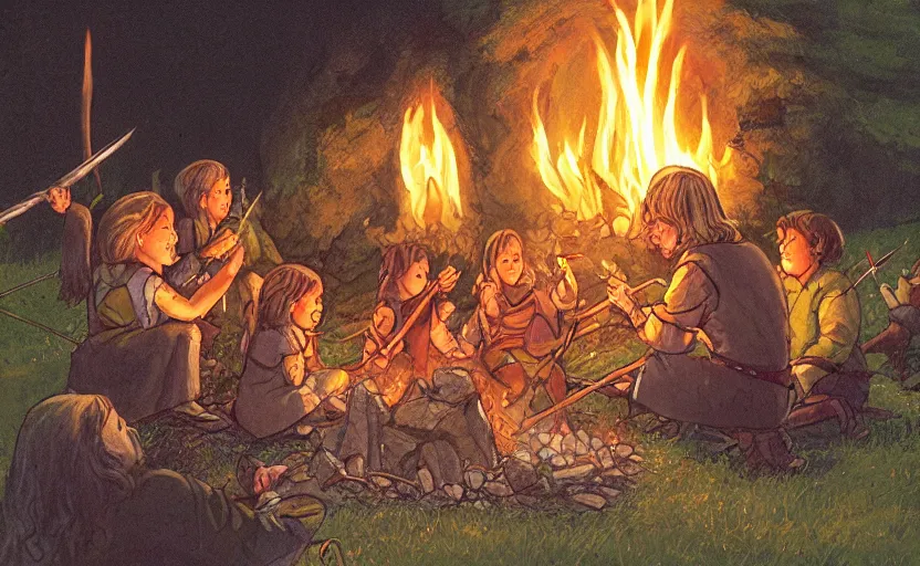 Image similar to childrens book illustration of the fellowship of the ring roasting marshmallows and making s'mores around a campfire