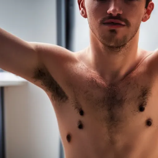 Image similar to high-resolution photograph of a lad showing off his hairy armpits