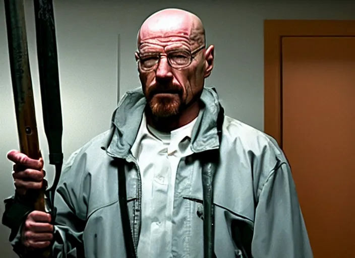 Image similar to film still of Walter White as Gordan Freeman holding a crowbar in the Half Life Movie, 4k