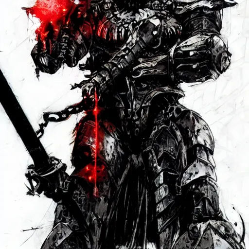 Image similar to skull wearing black knight armor creepy intimidating dragging red hot glowing sword by Yoji Shinkawa