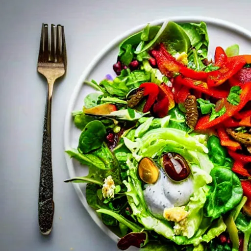 Prompt: a plate of food made of salad and alien, award winning photographer, food photography