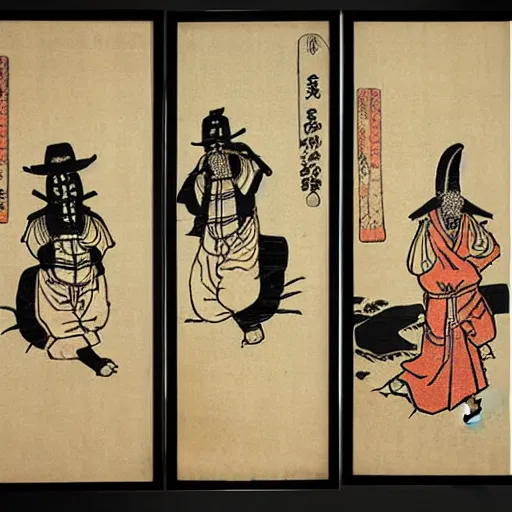 Image similar to ancient Japanese woodcut block print ukiyo-e plague doctor triptych