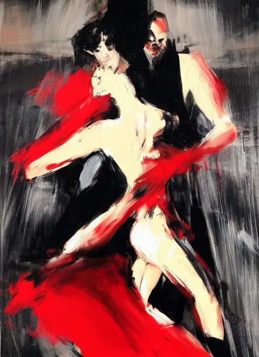 Image similar to tango dancerin in black and red dress, painting by phil hale, fransico goya,'action lines '!!!, graphic style, visible brushstrokes, motion blur, blurry, visible paint texture, crisp hd image