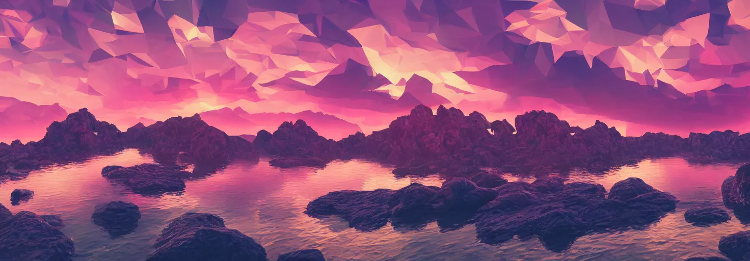 Prompt: super detailed color art, a sinthwave northern sunset with rocks on front, lake in the middle of perspective and mountains at background, unreal engine, retrowave color palette, 3d render, lowpoly, colorful, digital art