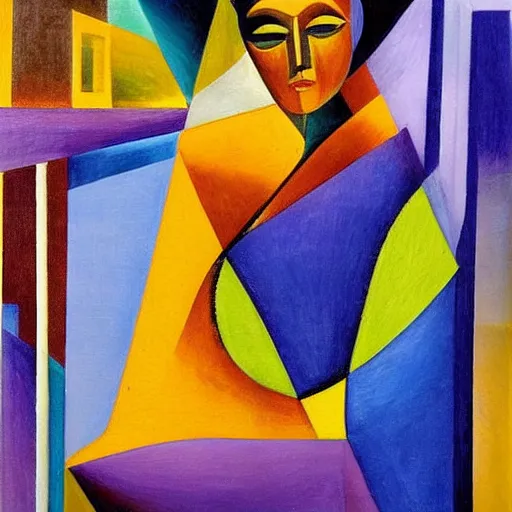 Image similar to woman in glorious robes rose up vast as the skies, old as the mountains and formless as starlight to shelter the precious memories, matter, messages, abstract art in the style of cubism and georgia o keefe