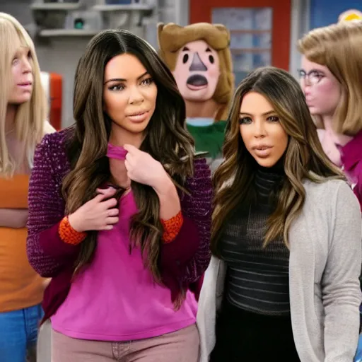 Image similar to Icarly with kim kardashian as Carly, 8k full HD photo, cinematic lighting, anatomically correct, oscar award winning, action filled, correct eye placement,