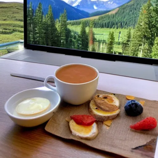 Image similar to beautiful breakfast with mountain view and laptop