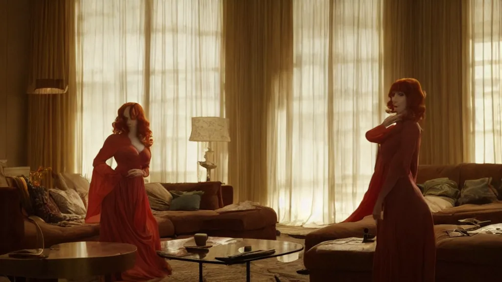 Image similar to Christina Hendricks in the living room, film still from the movie directed by Denis Villeneuve with art direction by Salvador Dalí, wide lens