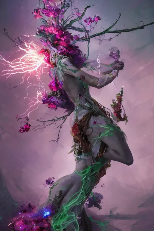 Prompt: beautiful girl necromancer, witch - doctor exploding into flowers fire crystal dress, angels, 3 d render, green magic, hyper realistic detailed portrait, holding electricity and birds, ruan jia, wlop. scifi, fantasy, magic the gathering, hyper detailed, octane render, concept art by artgerm, peter mohrbacher