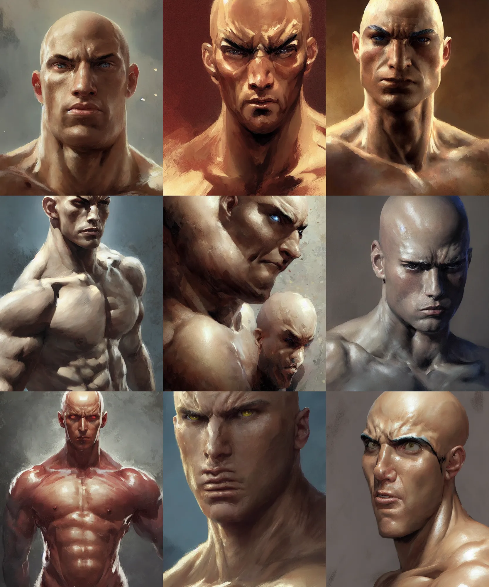 Prompt: digital art painting of a muscular bald young man, wearing a saitama costume, painted by craig mullins and gaston bussiere and greg rutkowski, symmetrical face, defined facial features, symmetrical facial features, dramatic lighting, close up