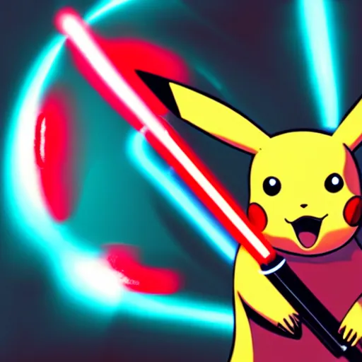 Prompt: Pikachu holding a red lightsaber in a dark red and black ambient lighting