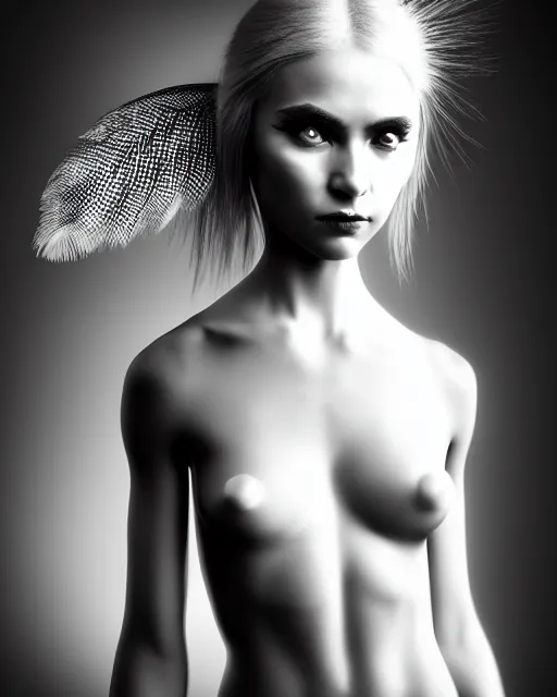 Image similar to surreal mythical dreamy dark artistic black and white fine art 3 / 4 portrait photo of a young delicate mutant female - cyborg with long pale feather hair, rim light, cinematic, studio dramatic light, poetic, octane render, 8 k, photo - realistic