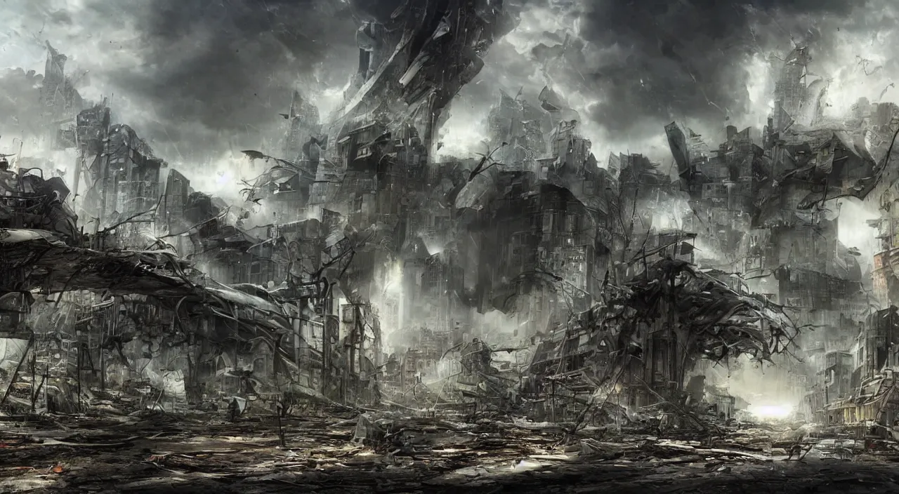 Image similar to damaged city, high - tech, concept art, forest, tornado, war