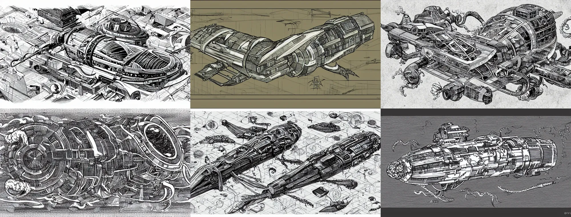 Prompt: lovecraftian spaceship isometric illustration, technical drawing, sci fi