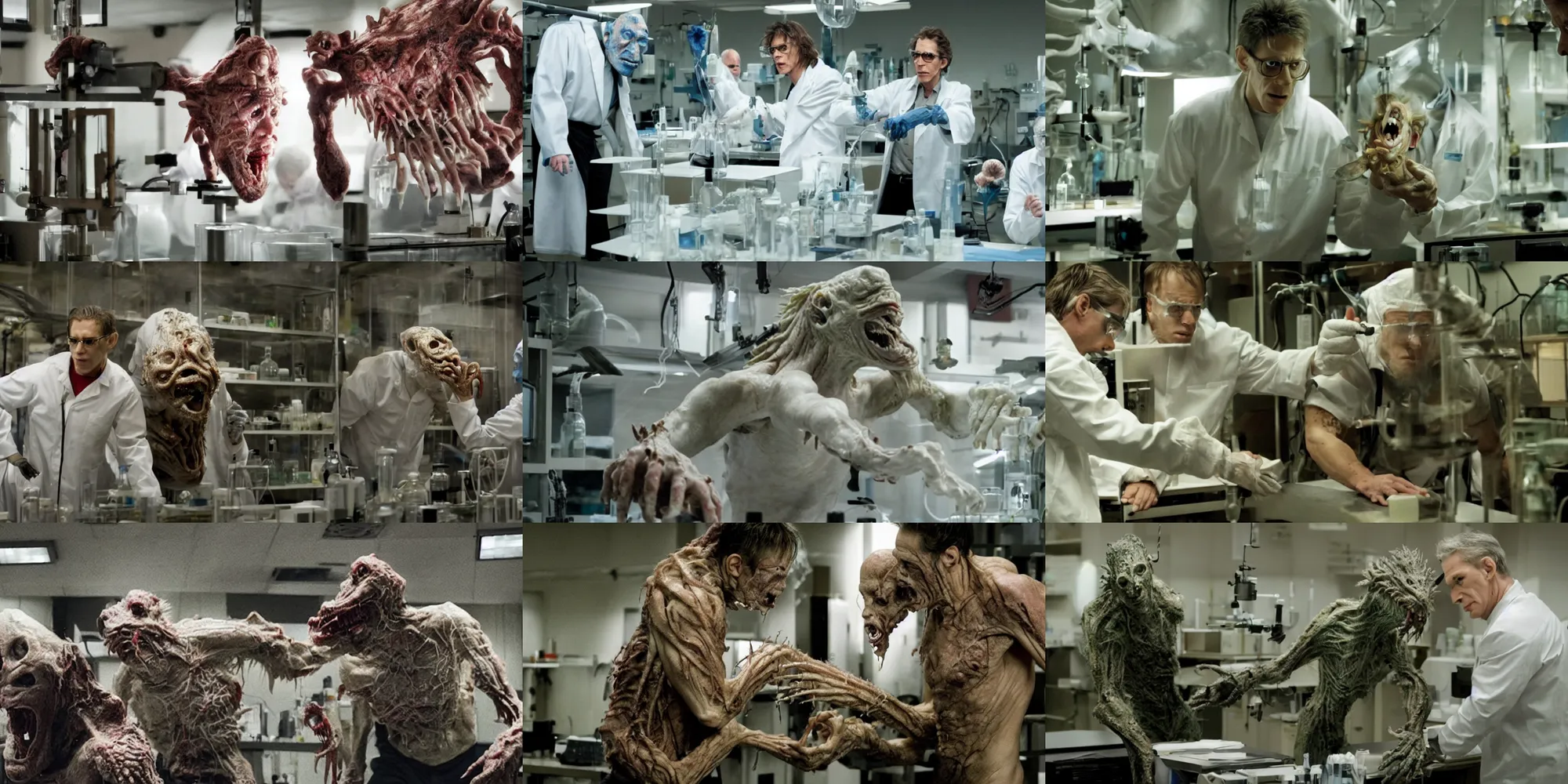 Prompt: action movie still of a cronenberg fleshmonster hybrid horror in a laboratory setting