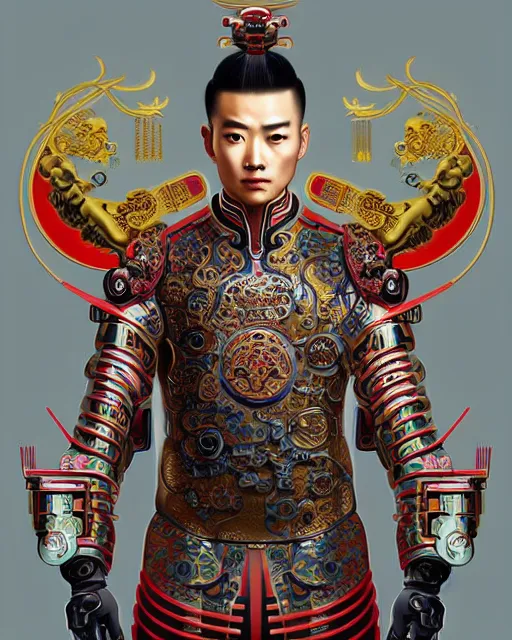 Image similar to portrait of a chinese masculine male cyberpunk machine, machine face, upper half portrait, decorated with chinese opera motifs, muscular, asian, fine china, wuxia, traditional chinese art intricate intense elegant 京 剧 highly detailed symmetry headpiece digital painting artstation concept art smooth sharp focus illustration, art by artgerm and greg rutkowski alphonse mucha 8 k