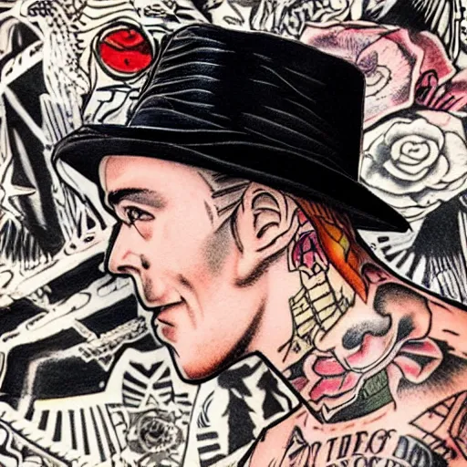 Image similar to skinny white male with american traditional tattoos, wearing black hat, action figure,