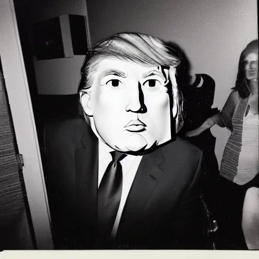 Image similar to A man wearing a Donald Trump mask at a party. Polaroid photo