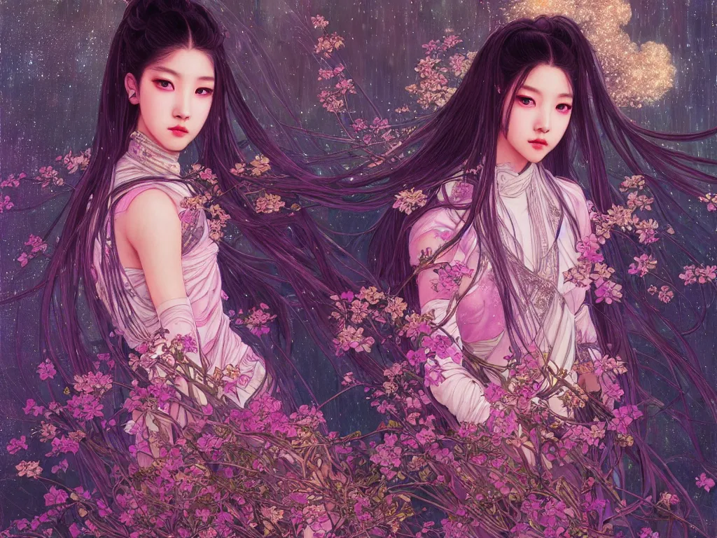 Image similar to portrait jisoo blackpink, wearings samurai colorpunk armor, in temple firefly stormy sparkles night, ssci - fi and fantasy, intricate and very very beautiful and elegant, highly detailed, digital painting, artstation, concept art, smooth and sharp focus, illustration, art by tian zi and wlop and alphonse mucha