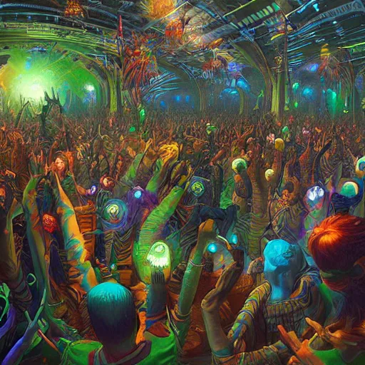 Image similar to rave dance party cryengine render by android jones, james christensen, rob gonsalves, and tim white