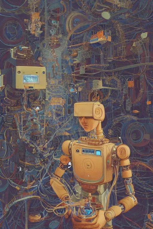 Prompt: a boy fixing his robot, part by Victo Ngai, part by Lohmuller Gyuri, high angle, oil on canvas,