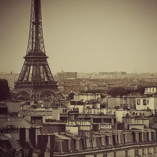 Image similar to The city of Paris, filled with rusted Eiffel towers, nostalgic feeling, sepia, beautiful landscape, intense lighting, 8k, trending on artstation