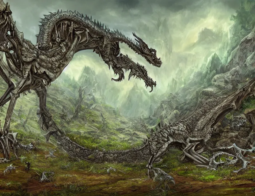 Image similar to fantasy landscape. very wide valley with a giant dragon skeleton at the bottom ( central ), woodland growing around the skeleton. digital art.