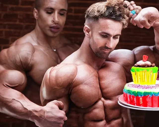 Prompt: bodybuilder with a birthday cake for a head