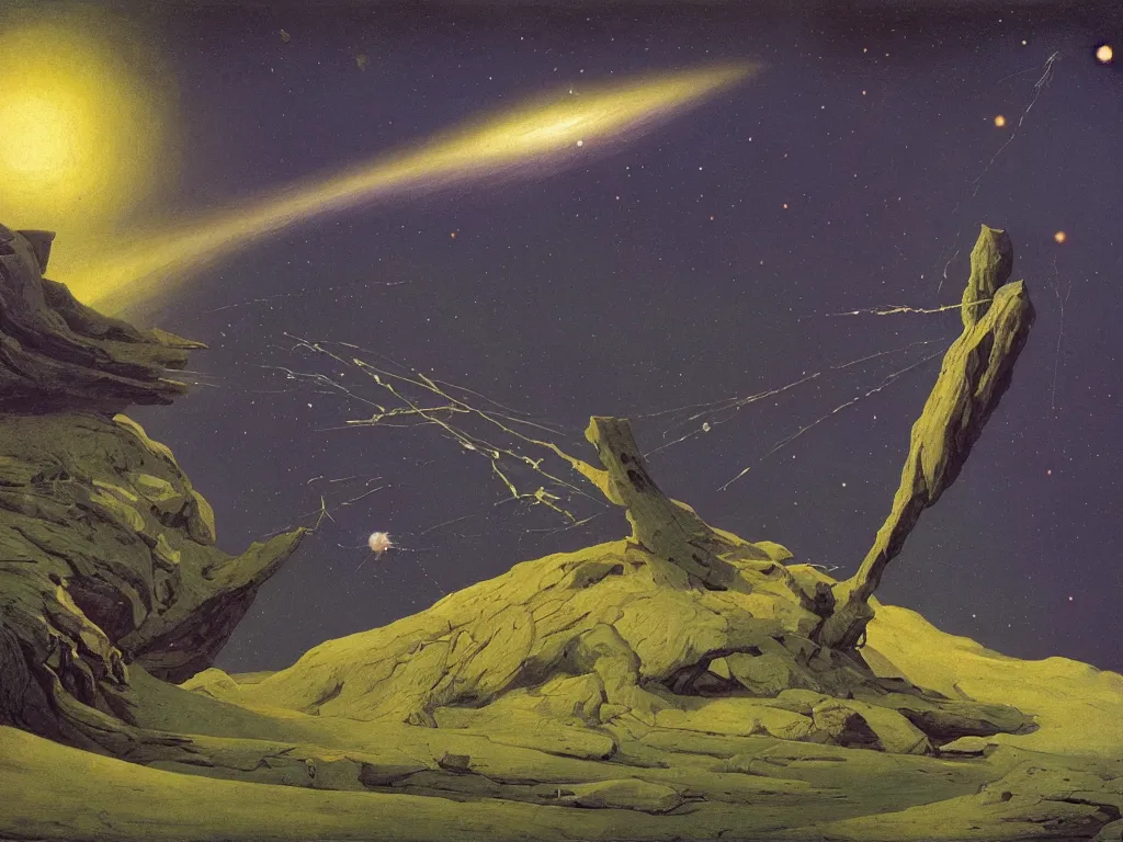 Prompt: Into darkest cosmos, meteors going at lightspeed. Painting by Caspar David Friedrich, Roger Dean, Walton Ford
