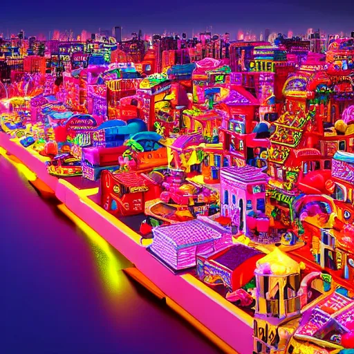 Prompt: a colorful city made of candy at night, cinematic lighting